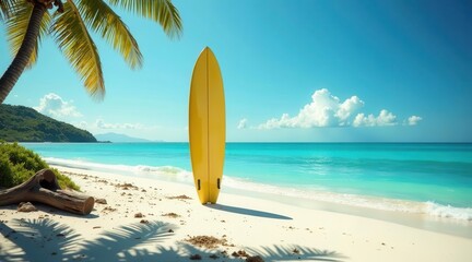Tropical Beach Scene with Yellow Surfboard Standing Upright on Pristine White Sand Underneath Lush Palm Tree