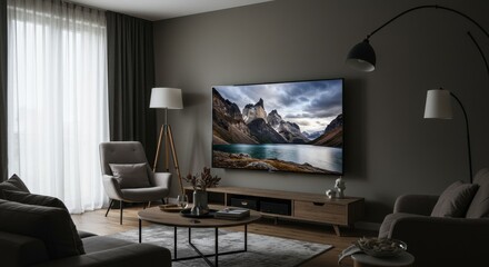 3D Render Modern Living Room With Mountain View On TV