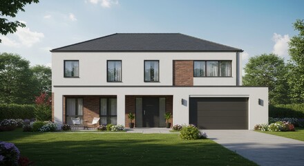 Obraz premium 3D Render Modern Two-Story Suburban House Exterior