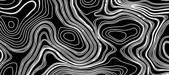 Topographic map like abstract backdrop. vector monochrome seamless pattern, curved lines, black & white layered texture. Abstract dynamical rippled surface.