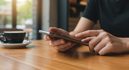Photo of Woman Browsing Phone at Cafe with Coffee