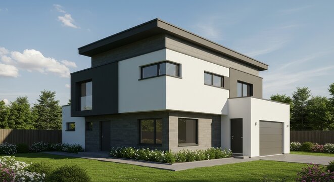 3D Render of a Modern Two-Story Suburban House Exterior