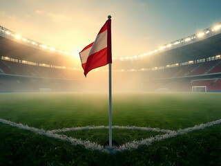 Panoramic vista of a stadium, bathed in the golden glow of sunrise, featuring a corner flag waving gently in the soft breeze, evoking feelings of anticipation and excitement