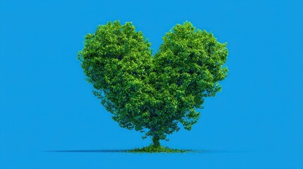 Heart-shaped tree against a vibrant blue background. Lush green foliage forms a heart shape, highlighting nature's beauty and environmental consciousness
