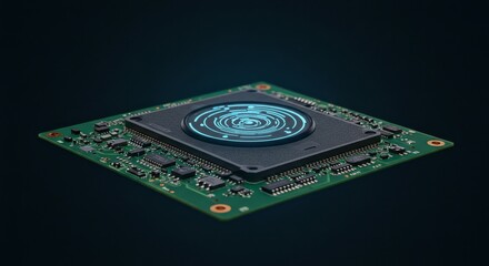 3D Render of Circuit Board With Glowing Microchip