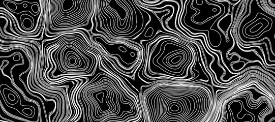 Topographic map like abstract backdrop. vector monochrome seamless pattern, curved lines, black & white layered texture. Abstract dynamical rippled surface.