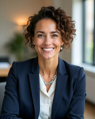 Fototapeta premium Professional Portrait of a Confident Woman in Business Attire, Radiating Success and Leadership in a Bright Modern Office Setting Emphasizing Empowerment