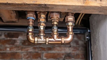 Clean and shiny cold water pipe system organized in straight lines under a ceiling