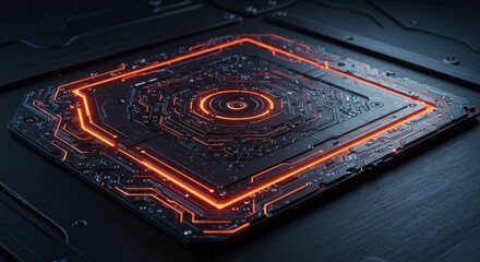 3D Render of Futuristic Circuit Board with Glowing Orange Lights