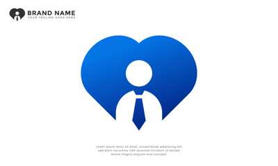Heart business man logo. Modern logo combining a heart shape with a stylized businessman figure, representing caring business, ethical leadership, compassionate business or passion in work.