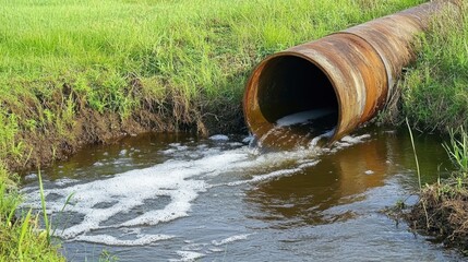 Clean effluent outflow pipe exiting from wastewater treatment system