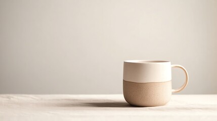 A light gray ceramic coffee mug is prominently displayed against a light gray background.