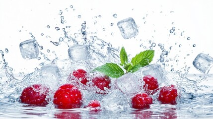 Refreshing raspberries and ice cubes in splashing water on white background 