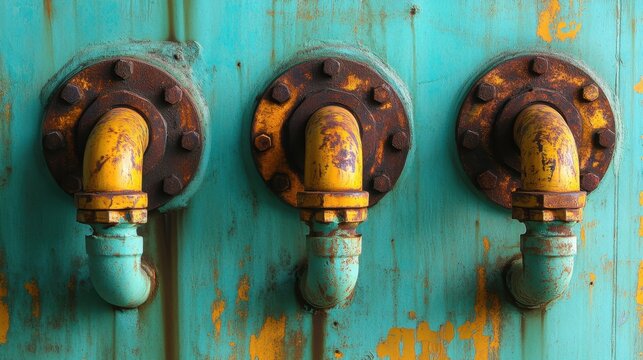 Closeup of pipe joiners and elbows in cold water system mounted on building wall