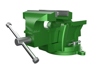 Green Bench Vise HD PNG: Robust Industrial Workshop Tool with Metal Jaws for Heavy-Duty Clamping, Repair, and DIY Crafts and Projects. High-Resolution Isolated Image on Transparent Background.