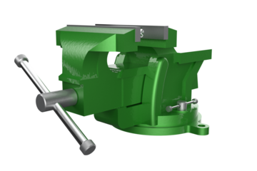 Green Bench Vise HD PNG: Robust Industrial Workshop Tool with Metal Jaws for Heavy-Duty Clamping, Repair, and DIY Crafts and Projects. High-Resolution Isolated Image on Transparent Background.