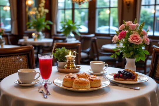 a victorian tearoom serving scones with jam, rosewater smoothies, and blackberry pie.