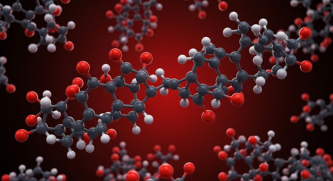 3D Render of Molecules on Red Background Illustration
