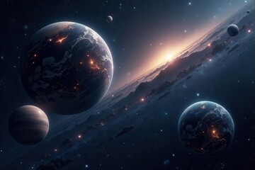 A Celestial Panorama Illuminated Planets Orbiting a Distant Star, Featuring a Sunrise Over a Rocky Planetoid and Several Other Celestial Bodies in a Vast, Dark Cosmos