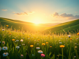 Obraz premium Radiant Sunrise Over Rolling Hills and Wildflower Meadow, A Warm Embrace of Nature's Beauty, Capturing Serenity and the Dawn of a New Day with Golden Light