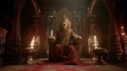 Majestic lion king seated on ornate throne room.