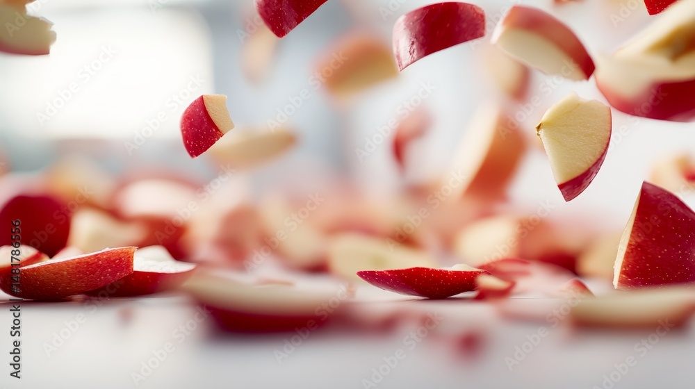 Poster Sliced apples are captured falling slowly against a clean white backdrop, emphasizing their vibrant colors and fresh, juicy texture in a dynamic display