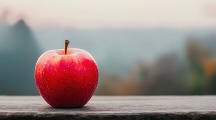 A red apple with a brown stem sits on a wooden surface.