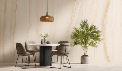 Fototapeta premium Modern dining area with elegant round table and plants.