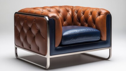 Obraz premium Stylish modern armchair featuring luxurious brown leather upholstery and sleek metal frame, perfect for upscale interior design and home decor inspiration.