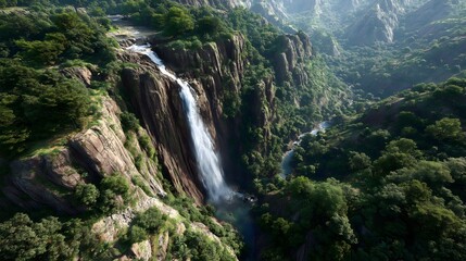 Obraz premium Experience the power of a roaring monsoon waterfall cascading down a lush cliff in a breathtaking natural landscape