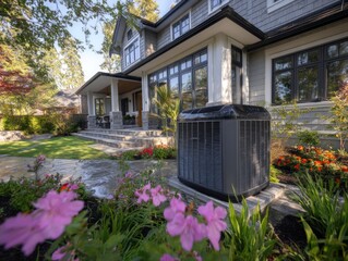 Modern home exterior with air conditioning unit in front yard