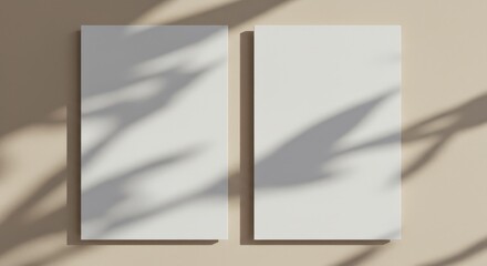 3D Render Two Blank White Vertical Cards on Beige Background With Leaf Shadow Mockup