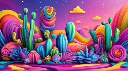 Colorful cartoon desert landscape: psychedelic cacti art background 