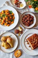 a "taste of autumn" dinner menu: roasted squash salad, spiced pear compote, and pecan dessert loaf.
