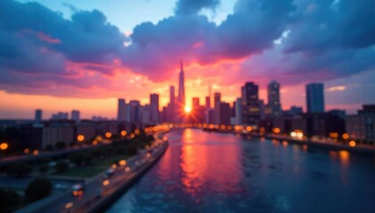 Fototapeta premium Abstract blurred city skyline at sunset, perfect for website backgrounds or presentations , view, vibrant