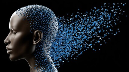Digital Transformation Concept with Abstract Human Head and Data Particles Flowing in Blue Visualization of Technology and Innovation