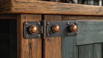 Close-up of rustic wooden cabinet with stylish metal hinges and knobs, showcasing craftsmanship and vintage charm for home decor inspiration.