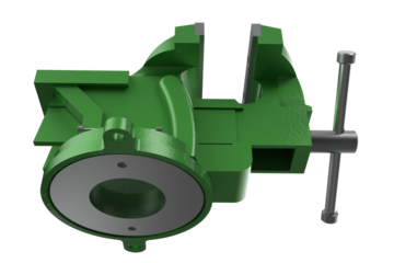 Green Bench Vise HD PNG: Robust Industrial Workshop Tool with Metal Jaws for Heavy-Duty Clamping, Repair, and DIY Crafts and Projects. High-Resolution Isolated Image on Transparent Background.