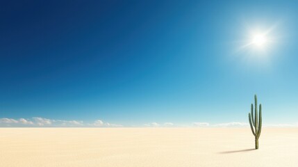 A lone cactus stands in a vast desert landscape, its spiky green body contrasting with the light beige sand and deep blue sky.