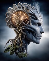 Ethereal Portrait of a Human-Animal Hybrid with Tree Growth as Brain, Symbolizing Nature and Science Fusion in a Dreamlike Landscape