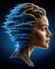 Surreal Portrait of a Woman with Elemental Features Embedding Water, Books, and Nature in a Dreamlike Fantasy Illustration