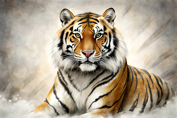 Naklejka premium Tiger in Traditional Japanese Sumi-e Ink Style – Minimalist Brush Painting Illustration