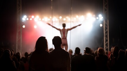 Captivating Trapeze Artist Leaps Through the Air With Outstretched Arms in a Dazzling Circus Show