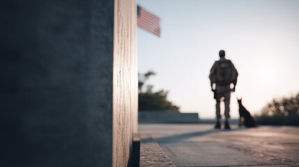 Veteran with Service Dog Standing Proudly at War Memorial During Sunrise