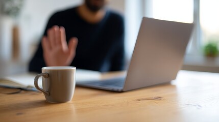 Person Using Sign Language During Video Call with Laptop and Coffee Cup on Wooden Table
