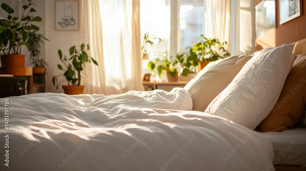 Aufkleber king-size bed with layered white and beige bedding creates a calm retreat, enhanced by sunlight filt