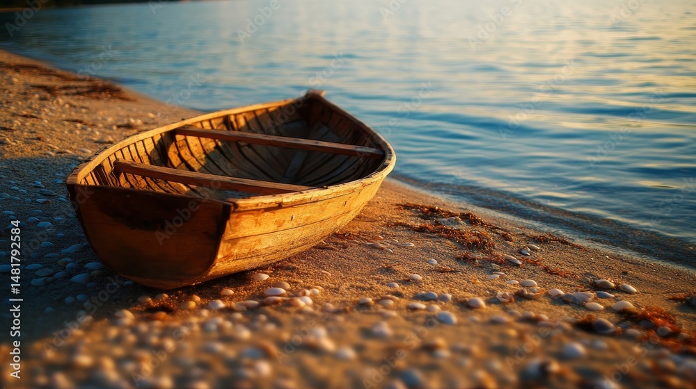 Poster an old rowboat sits on a sandy beach, surrounded by seashells and seaweed, as soft morning light hig