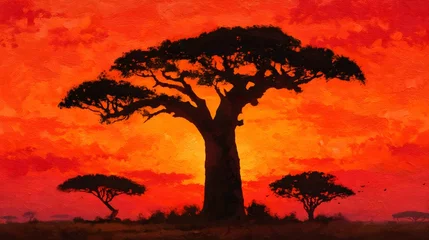 Gordijnen Baobab tree silhouetted against a vibrant sunset sky in an African landscape © Josiah