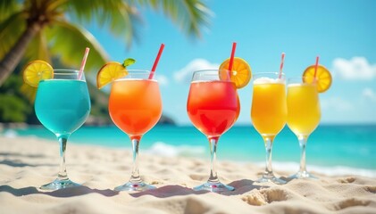Group of vibrant colored cocktails on a sunny beach , coconut, glass, sea