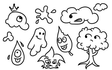 Cute Hand Drawn Nature Elements with Funny Faces and Expressions